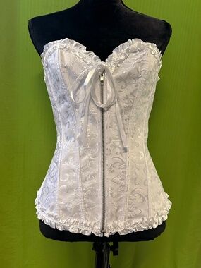White Floral Brocade Zip-Front Corset Top. Brand New